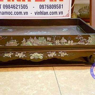 Khay trà gỗ trắc khảm ốc đỏ tích tam quốc