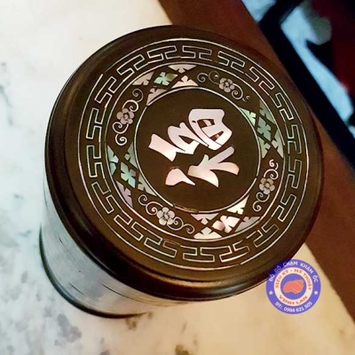 Hộp trà gỗ trắc khảm ốc đỏ tích ngũ lão hội trà