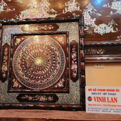 Tranh trống đồng gỗ gụ khảm ốc 