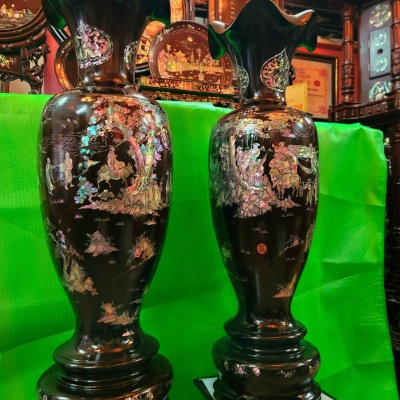 đôi lọ gỗ gụ khảm ốc tích trúc lâm đại sĩ xuất sơn đồ